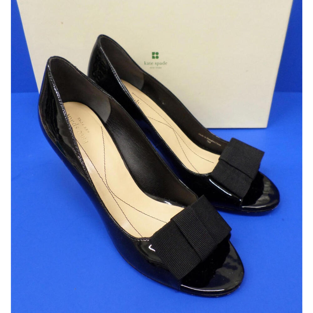 Kate Spade GENA TOO Black Patent Leather Bow Open Toe Heals Women's Size 7 M
